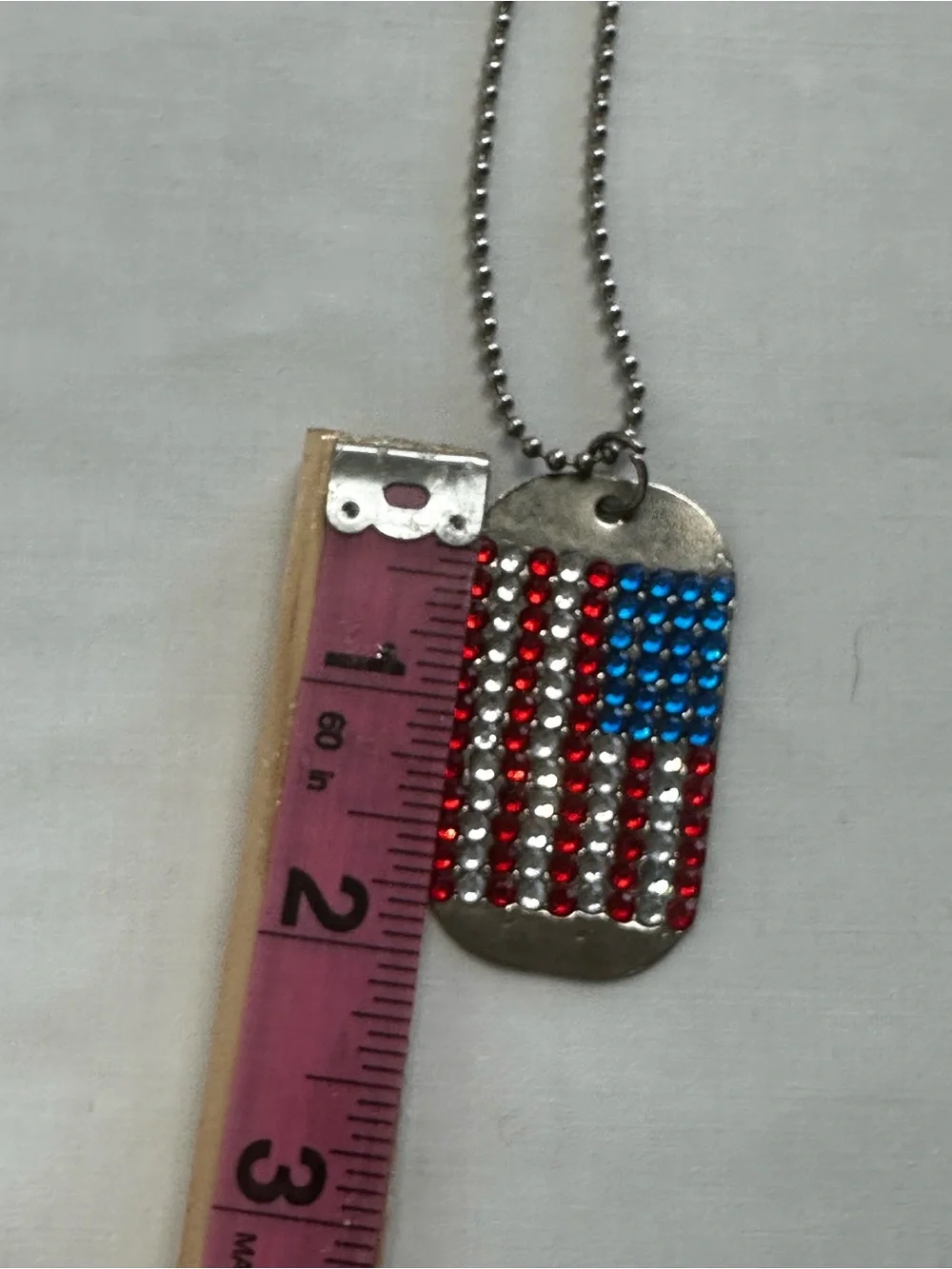Y2K American Flag Rhinestone Dog Tag Necklace Patriotic USA Ball Chain Grunge